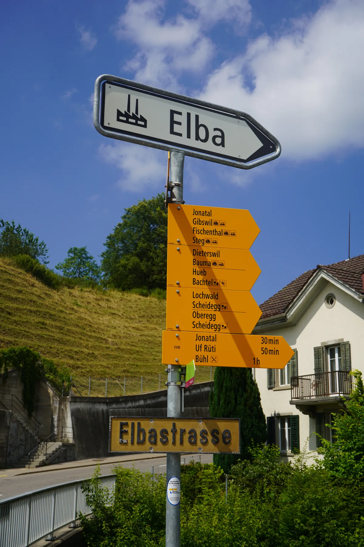 Schilder in Richtung Industrie Elba